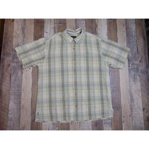 Tommy Bahama Men L Silk Button Shirt Plaid Green Beige Collared